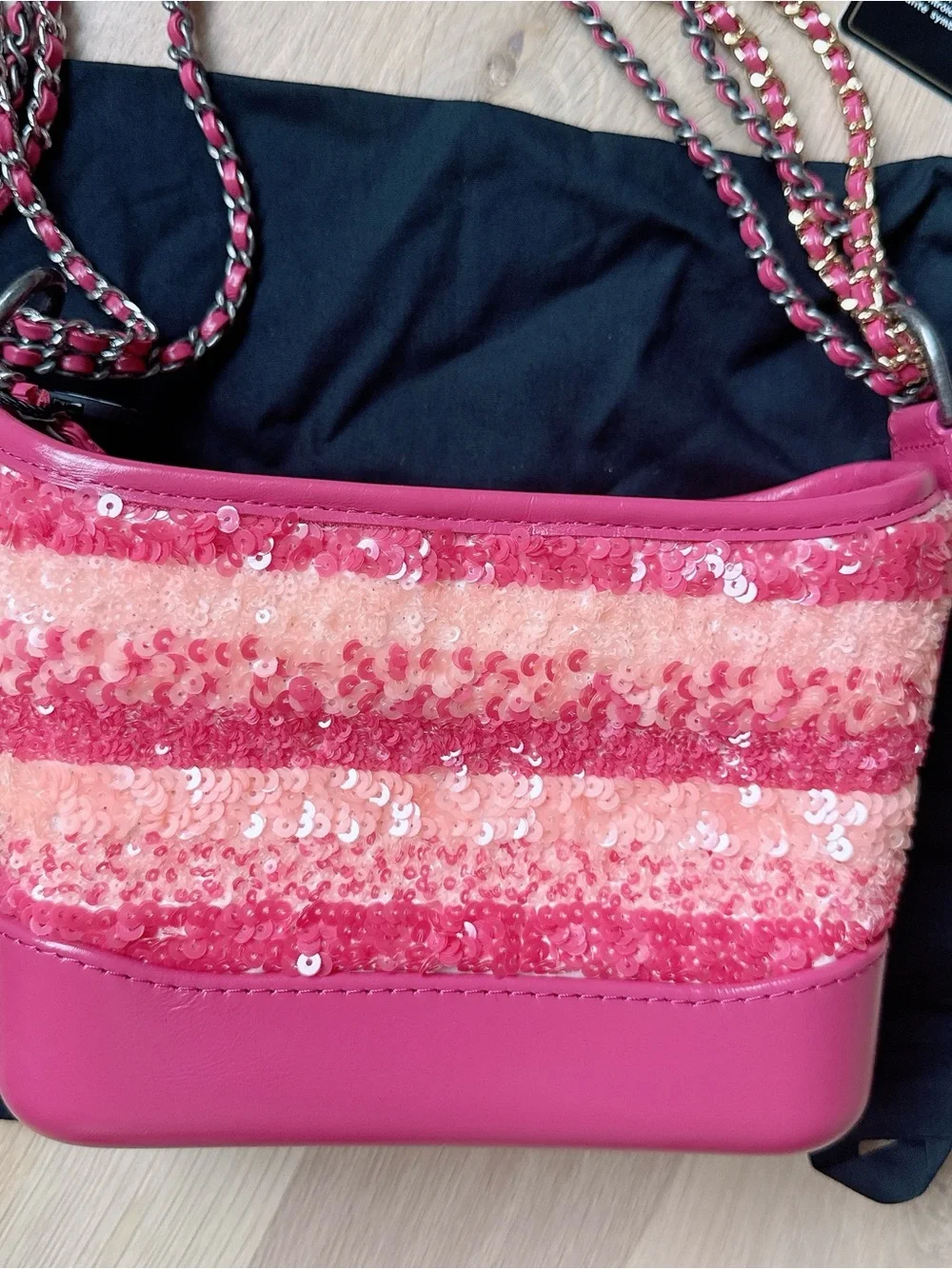 New-like CHANEL Sequin Calfskin Small Gabrielle Hobo Pink